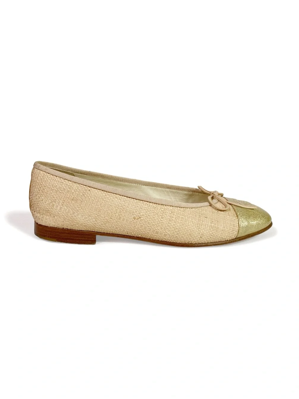 Chanel CC Cap Toe Ballet Flats Bow Raffia Gold - Picture 2 of 9